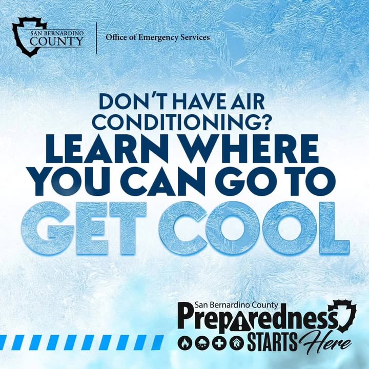 Hot conditions are expected Wednesday through Friday in San Bernardino County. To escape the heat, consider spending time at a nearby library, mall or community center. If you're unsure where to go, check the San Bernardino County Department of Public Health’s website for Cool