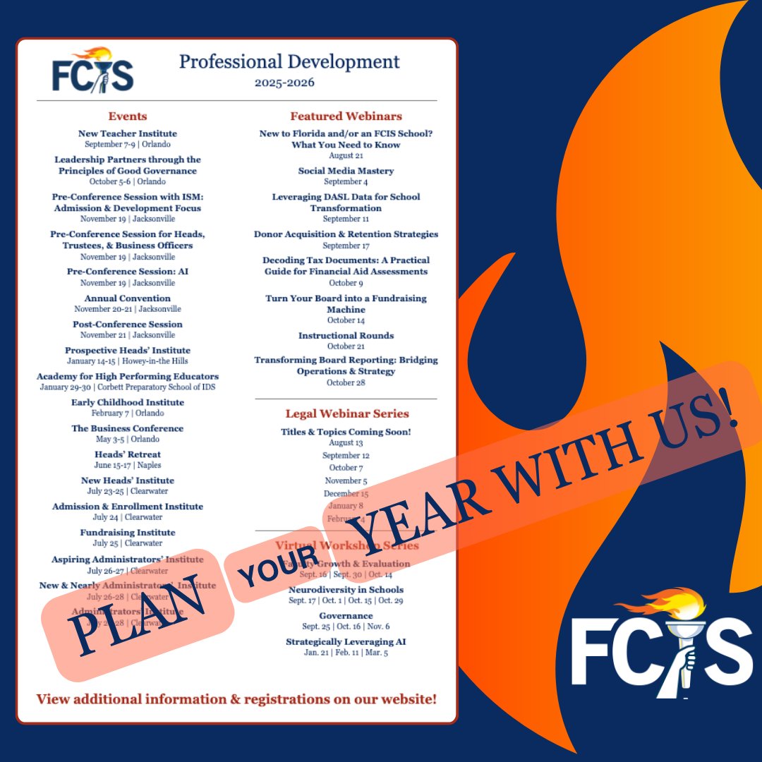 📅 Plan your year with us!
Explore our full lineup of PD events for 2025–2026—virtual series, in-person workshops &amp; more.
Practical, relevant, and designed for educators at every stage.
🔗 Explore the offerings: ow.ly/8k3c50WuSSq

#EdLeadership #PDforEducators #FCIS