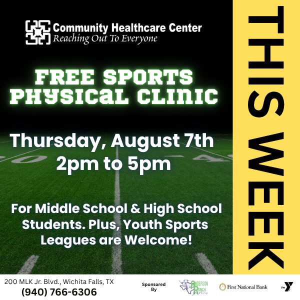 FREE Sports Physical Clinic this Thursday, August 7th 2:00 PM – 5:00 PM at Community Healthcare Center, 200 MLK Jr. Blvd., Wichita Falls, TX. FREE to all Middle School &amp; High School students – including youth sports league participants! More Info: chcwf.com/free-sports-ph…