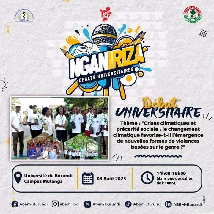 EnvironmentUb's tweet image. La précarité sociale croissante et les crises climatiques transforment nos sociétés. Mais comnt cela amplifie?-t-il les VBG ?

Viens en débattre avec d’autres jeunes engagés lors du prochain #NGANIRIZA.

#NGANIRIZA
#ClimatEtGenre
#JusticeClimatique
#EndVBG
#SafeSpaces