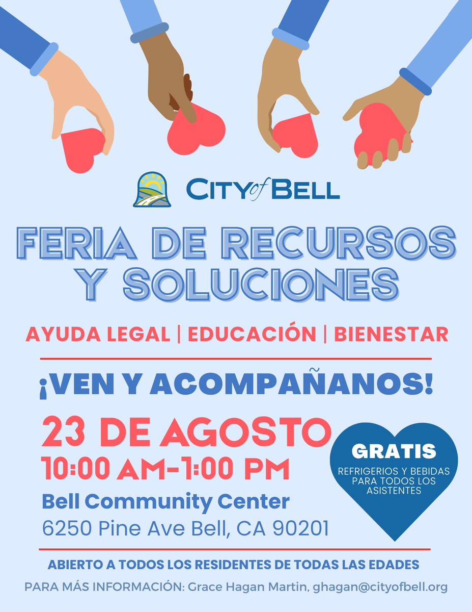 City of Bell (@cityofbell) on Twitter photo Join us for the Resource and Solutions Fair on Saturday, August 23 from 10 AM to 1 PM at the Bell Community Center.Are you a community organization interested in joining us?
Email ghagan@cityofbell.org for details.
Come see what’s available to you! We hope to see you there! Join us for the Resource and Solutions Fair on Saturday, August 23 from 10 AM to 1 PM at the Bell Community Center.Are you a community organization interested in joining us?
Email ghagan@cityofbell.org for details.
Come see what’s available to you! We hope to see you there!