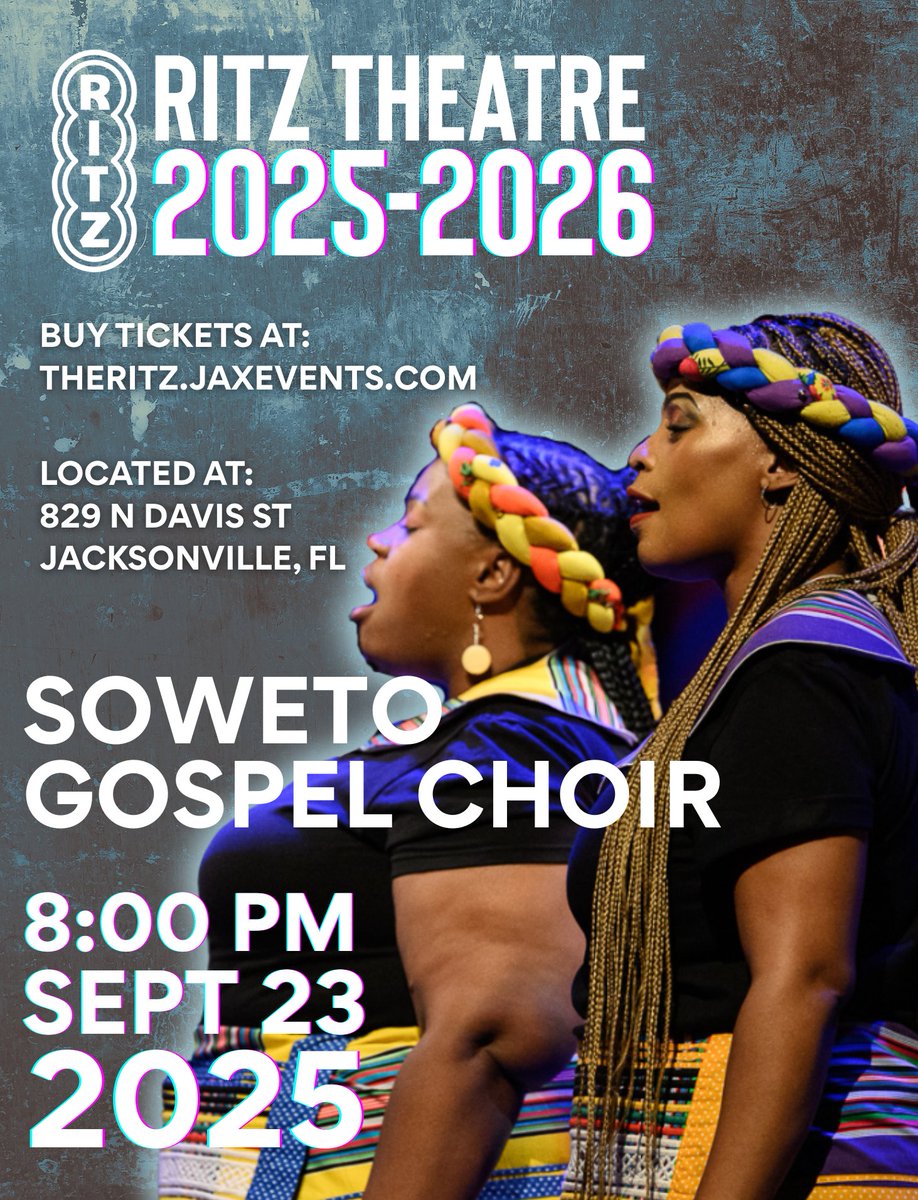 The Grammy-winning Soweto Gospel Choir brings their soul-stirring harmonies to the Ritz Theatre on September 23, 2025 at 8 PM!

Don’t miss this unforgettable night in the heart of Jacksonville. Tickets available now at theritz.jaxevents.com.