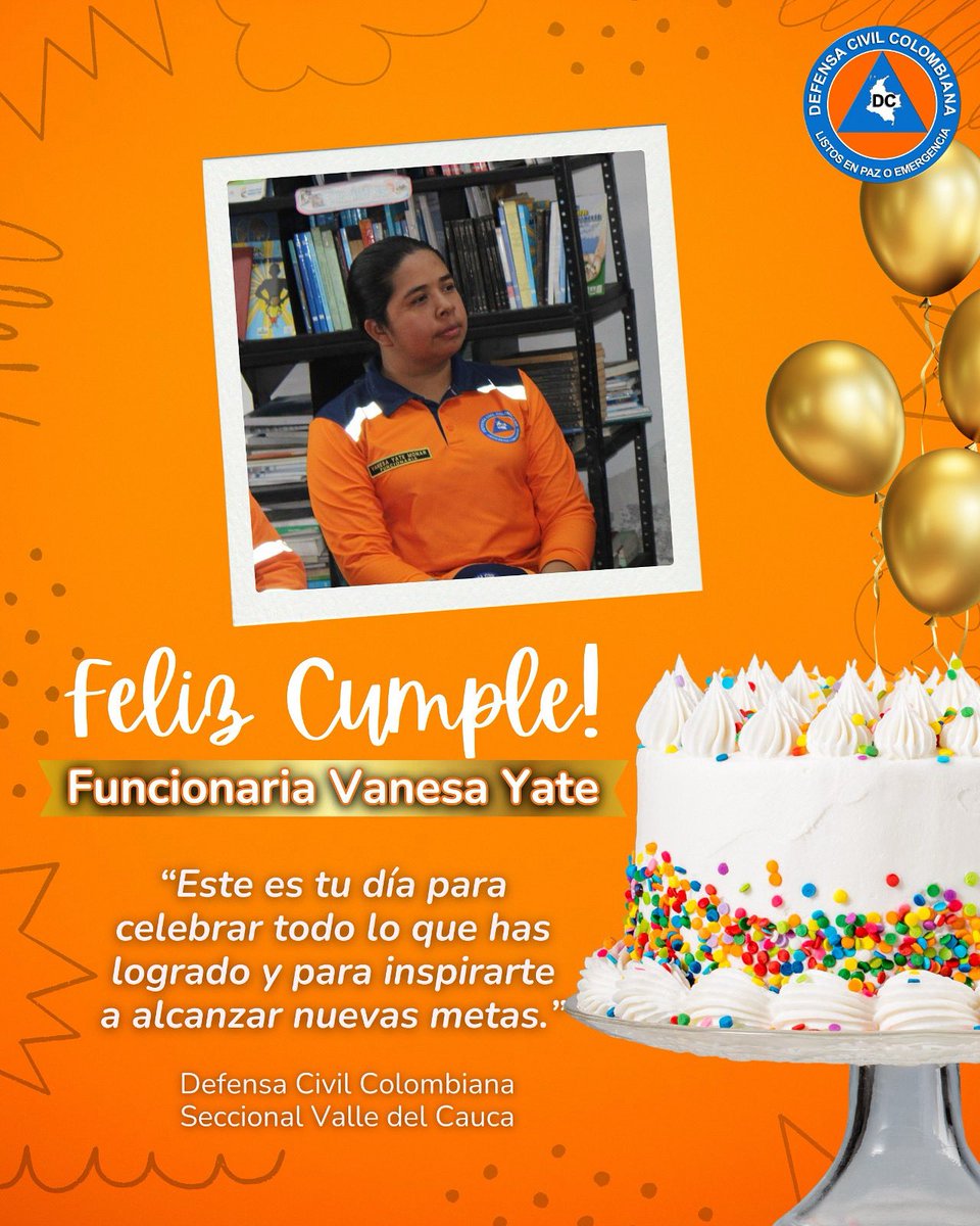 Felicitamos a nuestra funcionaria de la Seccional Valle del Cauca, Vanesa Yate 🧡🎂 Que este cumpleaños sea el inicio de un año lleno de nuevas oportunidades y logros. 🎁 ¡Feliz cumpleaños!🎊