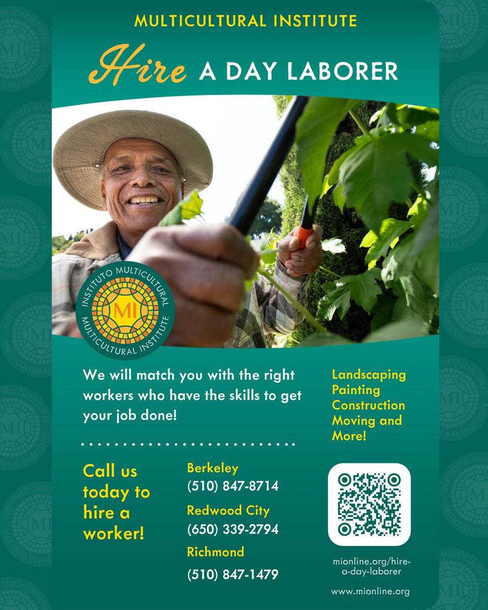 Have a home project you've been putting off? Want to help support your immigrant community in a tangible way?

HIRE A DAY LABORER! 👷🏽‍♂️🛠️🪏

Call MI today to hire a day laborer in the SF Bay Area 🌁

Scan the QR code or visit mionline.org/hire-a-day-lab… to hire a day laborer today!
