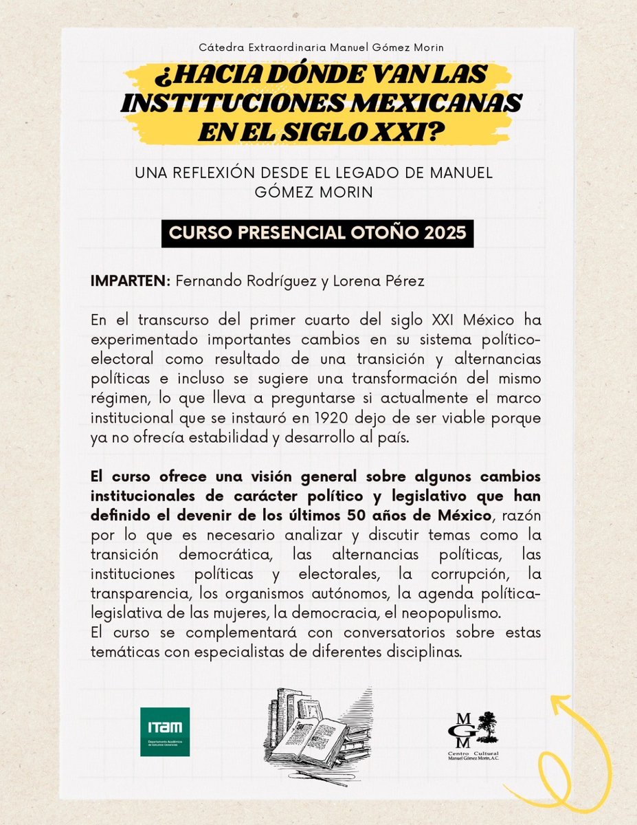 Horacio Vives Segl (@hvivessegl) on Twitter photo 📢Atención estudiantes <a href="/ITAM_mx/">ITAM</a>
Ahora que andan haciendo sus horarios para el semestre Otoño 2025, aquí excelente opción de materia optativa.
Cátedra abierta al público.
ℹ️e inscripciones👉
<a href="/_CCMGM/">C.C. Manuel Gómez M.</a> <a href="/ferdoval/">Fer Doval</a>
<a href="/CPoliticaITAM/">CienciaPolítica ITAM</a> <a href="/Derecho_ITAM/">Derecho ITAM</a> <a href="/EconomiaITAM_/">Economía ITAM</a> <a href="/RRII_ITAM/">Relaciones Internacionales ITAM</a>
<a href="/EstudiosITAM/">Revista Estudios ITAM</a> 📢Atención estudiantes <a href="/ITAM_mx/">ITAM</a>
Ahora que andan haciendo sus horarios para el semestre Otoño 2025, aquí excelente opción de materia optativa.
Cátedra abierta al público.
ℹ️e inscripciones👉
<a href="/_CCMGM/">C.C. Manuel Gómez M.</a> <a href="/ferdoval/">Fer Doval</a>
<a href="/CPoliticaITAM/">CienciaPolítica ITAM</a> <a href="/Derecho_ITAM/">Derecho ITAM</a> <a href="/EconomiaITAM_/">Economía ITAM</a> <a href="/RRII_ITAM/">Relaciones Internacionales ITAM</a>
<a href="/EstudiosITAM/">Revista Estudios ITAM</a>