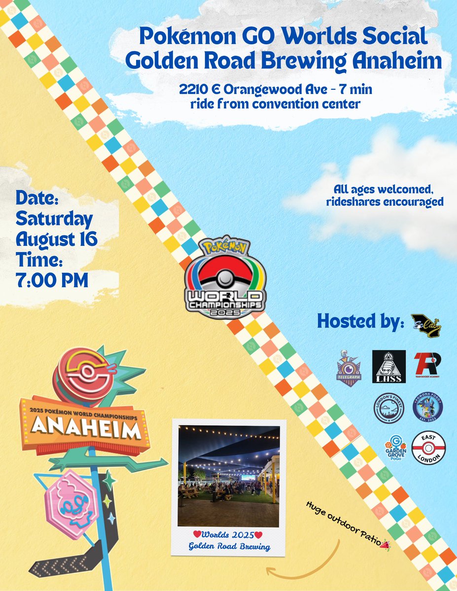 As promised, Worlds Social number two on Saturday evening will be at <a href="/goldenroadbrew/">Golden Road Brewing</a> in Anaheim. They have good brews, food, &amp; and amazing outdoor patio. Great opportunity to connect outside of the heat of battle, at the social of the year. The countdown to worlds is upon us!!!