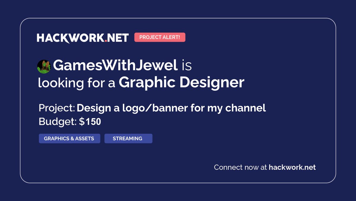 🚨 NEW PROJECT ALERT 🚨

GamesWithJewel is currently looking for a graphic designer to make a new logo/banner for their channel. 

Check out the project details at this link, and don’t forget to repost to help share it with other artists and designers! 🙂
hackwork.net/projects/graph…