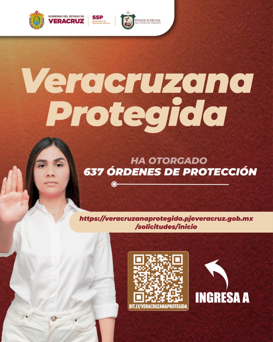 Si sufres violencia doméstica, acoso o te encuentras en una situación de peligro, solicita una Orden de Protección Judicial.

Escanea el código QR o ingresa a: …racruzanaprotegida.pjeveracruz.gob.mx

Tu vida y bienestar son prioridad. No estás sola. 💜