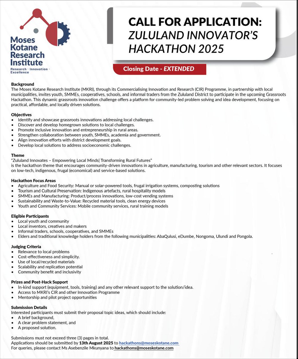 🚨 ZULULAND INNOVATORS WANTED! 💡🌾 Got a homegrown idea to solve real local challenges? Enter MKRI’s Grassroots Hackathon 2025! Submit a 3-page proposal by 13 Aug (EXTENDED). Open to youth, SMMEs, co-ops &amp; more! 👉 mkri.institute/call-for-appli… #GrassrootsHackathon #MKRI