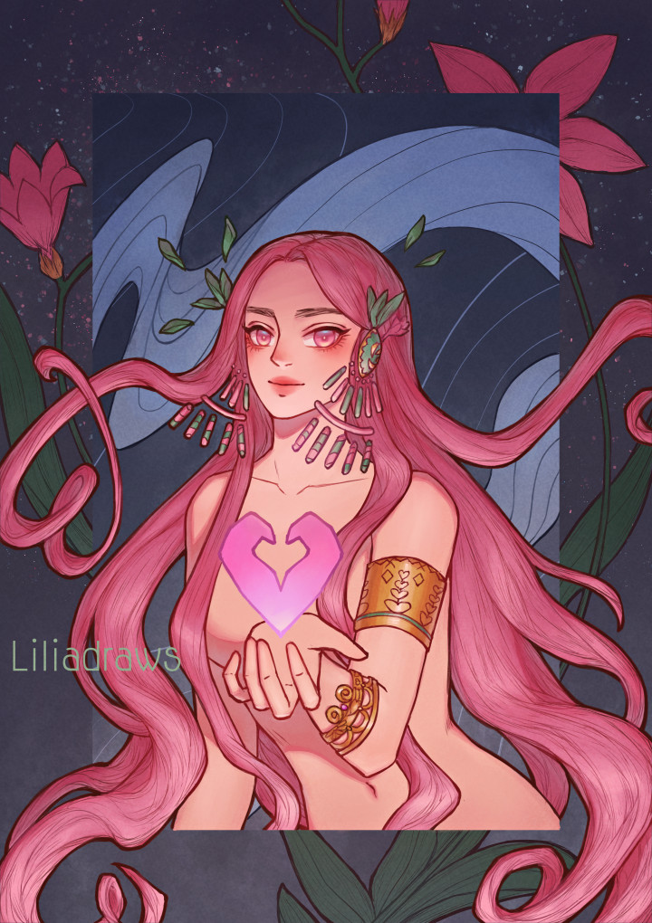 Aphrodite from the game Hades. I found it funny that last year I also started a drawing of her right before Artfight and had to finish it in August. 

#Aphrodite #HadesGame