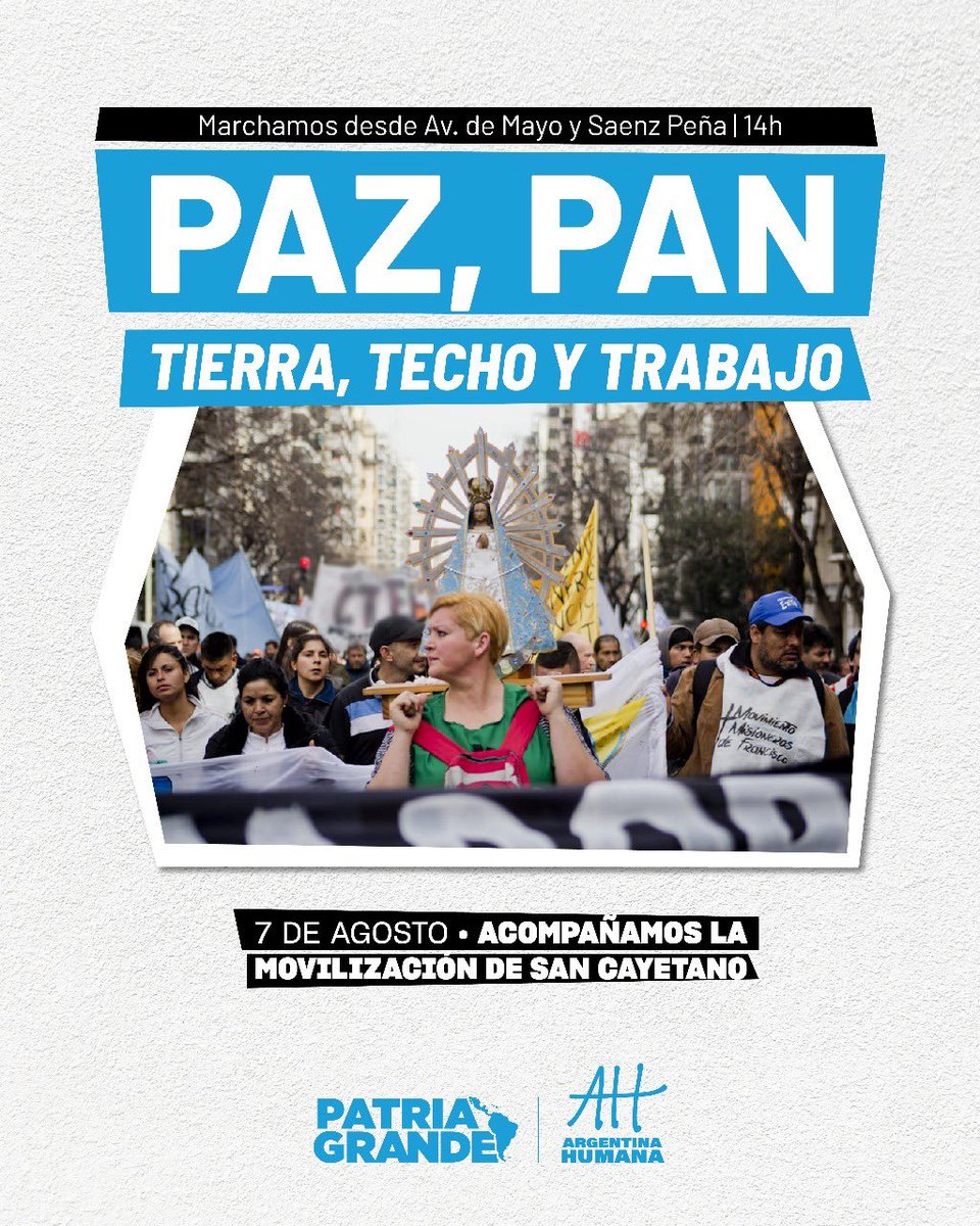 Este jueves las calles se llenan nuevamente con el legado de Francisco y su luchar por Tierra, Techo y Trabajo.

Acompañamos la movilización de San Cayetano. No hay paz sin justicia social