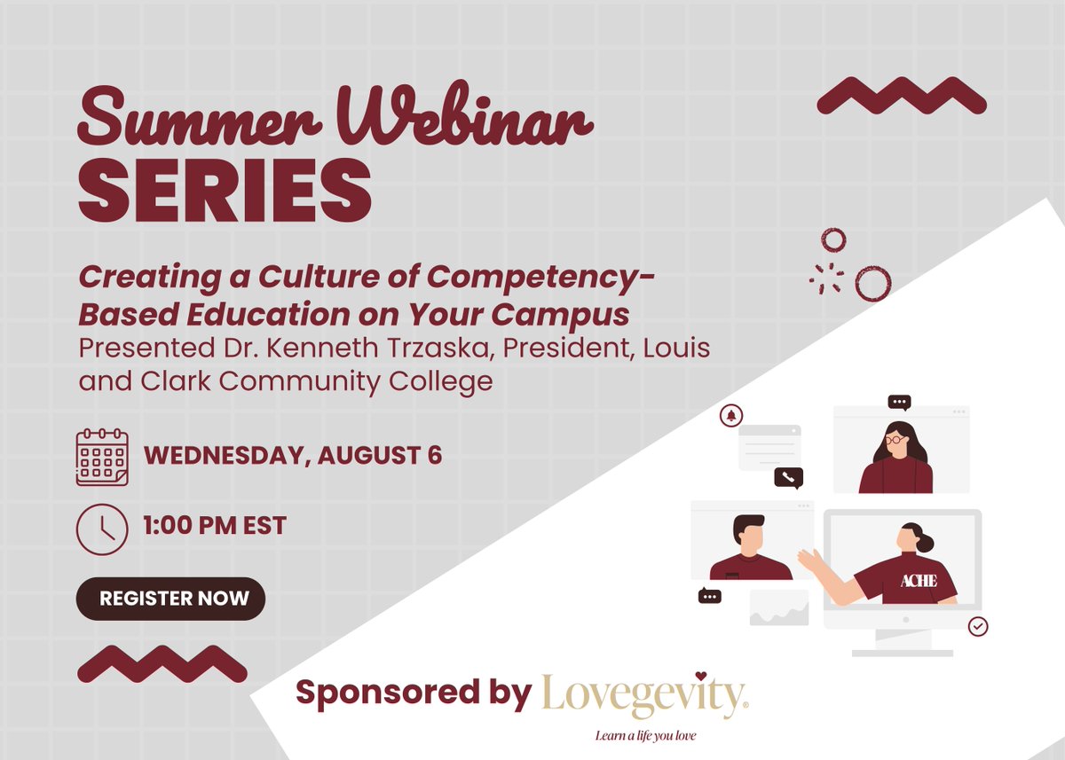 Final ACHE Summer Webinar – Aug 6: “Creating a Culture of Competency-Based Education” with Dr. Kenneth Trzaska. Learn how Lewis &amp; Clark CC is transforming CBE for faculty &amp; students. Don’t miss the last webinar! Register: acheinc.org/events/ache-we…