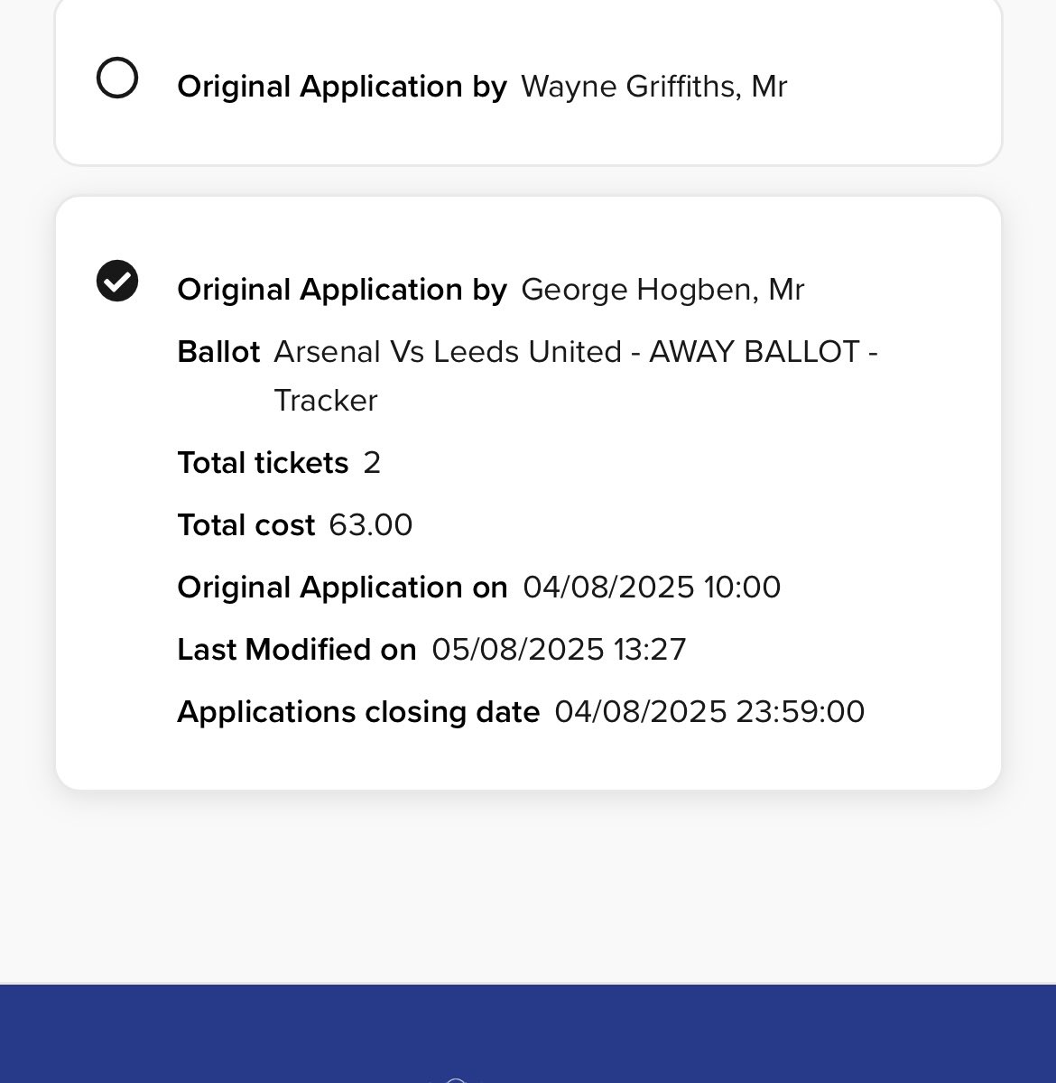 Well the ballot is just as bad for our stress levels 😂Anyone able to help here or has something similar? Our Arsenal ballot application is showing cost of £63 but  nothing has come out of the bank, no email and not showing in our ticket history. #lufc #LeedsUnited