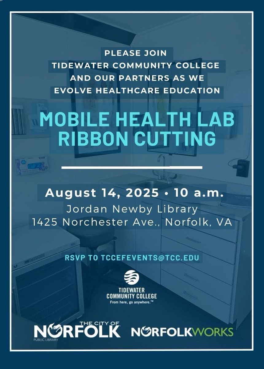 Tidewater Community College (@tccva) on Twitter photo 📣 Join TCC, in partnership with <a href="/NorfolkVA/">City of Norfolk, VA</a> and <a href="/NorfPublicLib/">NorfolkPublicLibrary</a>, for the official Ribbon Cutting Ceremony of our brand-new Mobile Health Lab!
📅 August 14
🕙 10:00 a.m.
📍 Jordan Newby Library
1425 Norchester Ave., Norfolk
🎉 RSVP to: TCCEFEvents@tcc.edu
#TCCva #TCCproud 📣 Join TCC, in partnership with <a href="/NorfolkVA/">City of Norfolk, VA</a> and <a href="/NorfPublicLib/">NorfolkPublicLibrary</a>, for the official Ribbon Cutting Ceremony of our brand-new Mobile Health Lab!
📅 August 14
🕙 10:00 a.m.
📍 Jordan Newby Library
1425 Norchester Ave., Norfolk
🎉 RSVP to: TCCEFEvents@tcc.edu
#TCCva #TCCproud