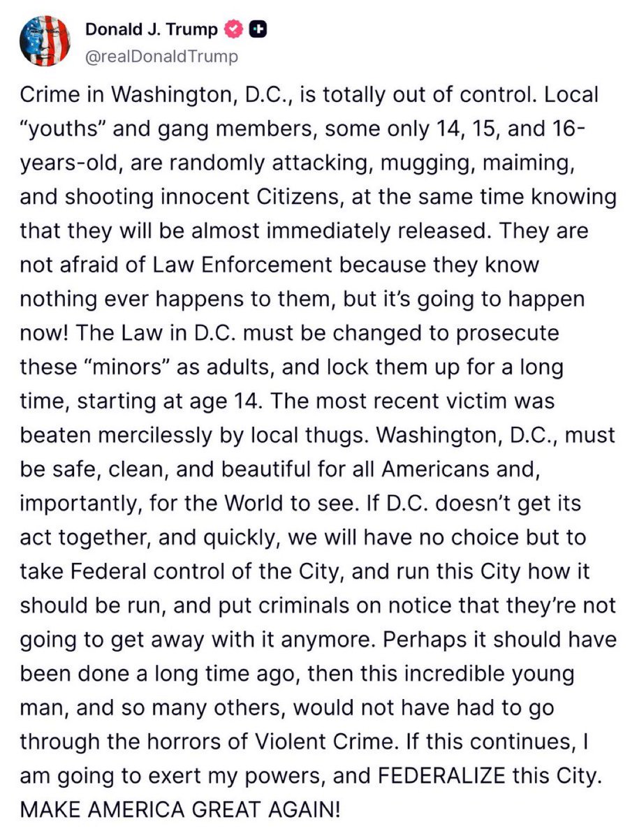 BREAKING 🚨 President Trump stuns America by threatening Federal control of Washington DC 🔥 

LAW AND ORDER TIME