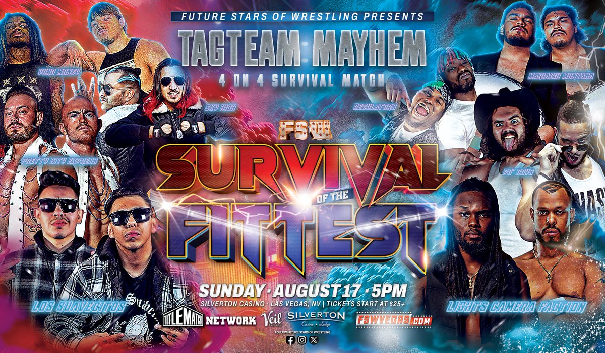 ππ¨π§π¨π₯π π¦π§ππ₯π¦ π’π πͺπ₯ππ¦π§πππ‘π (@fswvegas) on Twitter photo 8 tag teams. One Survival Elimination Match. Last team standing earns a Tag Team Championship Match.
FSW: Survival of the Fittest
Sun, Aug 17 | 5PM
LIVE on <a href="/TitleMatchWN/">Title Match Network</a>
<a href="/SilvertonCasino/">Silverton Casino</a> | #LasVegas
Tickets + Streaming links in bio! 8 tag teams. One Survival Elimination Match. Last team standing earns a Tag Team Championship Match.
FSW: Survival of the Fittest
Sun, Aug 17 | 5PM
LIVE on <a href="/TitleMatchWN/">Title Match Network</a>
<a href="/SilvertonCasino/">Silverton Casino</a> | #LasVegas
Tickets + Streaming links in bio!