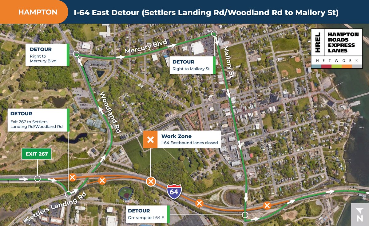 🚧 REMINDER: FULL CLOSURE on I-64 EAST in <a href="/cityofhampton/">City of Hampton</a> 🚧
As early as 12:01 AM on Aug. 6, I-64 east closed from Settlers Landing Rd/Woodland Rd (exit 267) to Mallory St (exit 268) for sign work.
🕛 Closure: 12:01–4 AM
🚗 Detour in place.
🔗 conta.cc/4mG8I4r
<a href="/VaDOT/">VDOT</a>