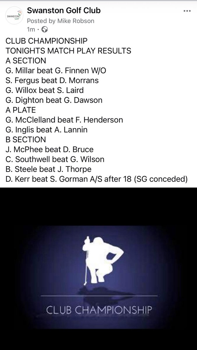 This Evening’s Club Championship Match Play Results