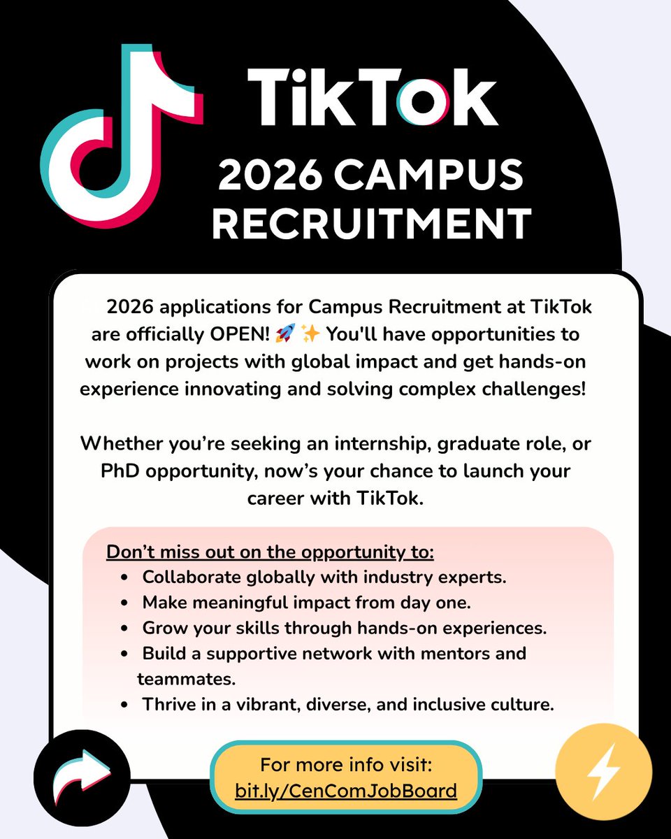 2026 applications for Campus Recruitment at TikTok are officially OPEN! They are opening internship &amp; graduate opportunities to work on projects with industry experts &amp; gain hands-on experience. Go to our job board to apply and learn more. Good Luck! bit.ly/CenComJobBoard