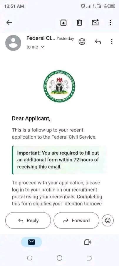 Federal Civil Service Commission (FCSC)  Recruitment Update!

FCSC Directed some Shortlisted Candidates to fill out another form within  three days (72hrs).

Log into your profiles to confirm your status.