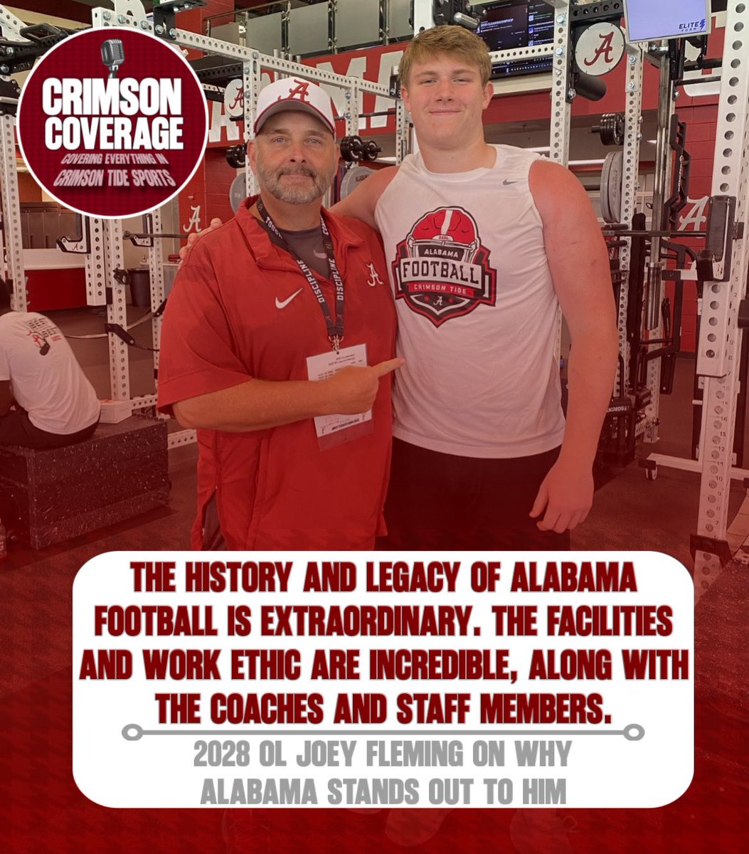 Crimson Coverage (@crimsoncoverage) on Twitter photo 2028 OL Joey Fleming (<a href="/joey_flem/">Joey Fleming</a>) received an offer this summer from Alabama.
Fleming spoke with me about what stands out the most about the Crimson Tide to him. 2028 OL Joey Fleming (<a href="/joey_flem/">Joey Fleming</a>) received an offer this summer from Alabama.
Fleming spoke with me about what stands out the most about the Crimson Tide to him.