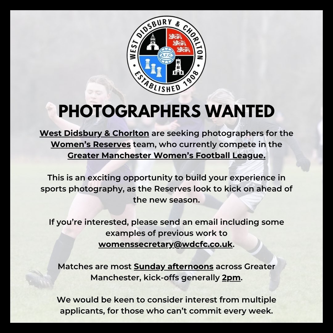 West Didsbury & Chorlton Women (@wdc_women) on Twitter photo Weโre still on the lookout for photographers for our Reserves team ahead of the new season!
If youโre looking to build your portfolio and support grassroots football, please get in touch with us via email on womenssecretary@wdcfc.co.uk.
<a href="/WD_CFC/">West Didsbury & Chorlton</a> <a href="/NorthWomens/">North West Womens Football</a> <a href="/GMWFL2011/">GMWFL</a>
#wdcfc Weโre still on the lookout for photographers for our Reserves team ahead of the new season!
If youโre looking to build your portfolio and support grassroots football, please get in touch with us via email on womenssecretary@wdcfc.co.uk.
<a href="/WD_CFC/">West Didsbury & Chorlton</a> <a href="/NorthWomens/">North West Womens Football</a> <a href="/GMWFL2011/">GMWFL</a>
#wdcfc