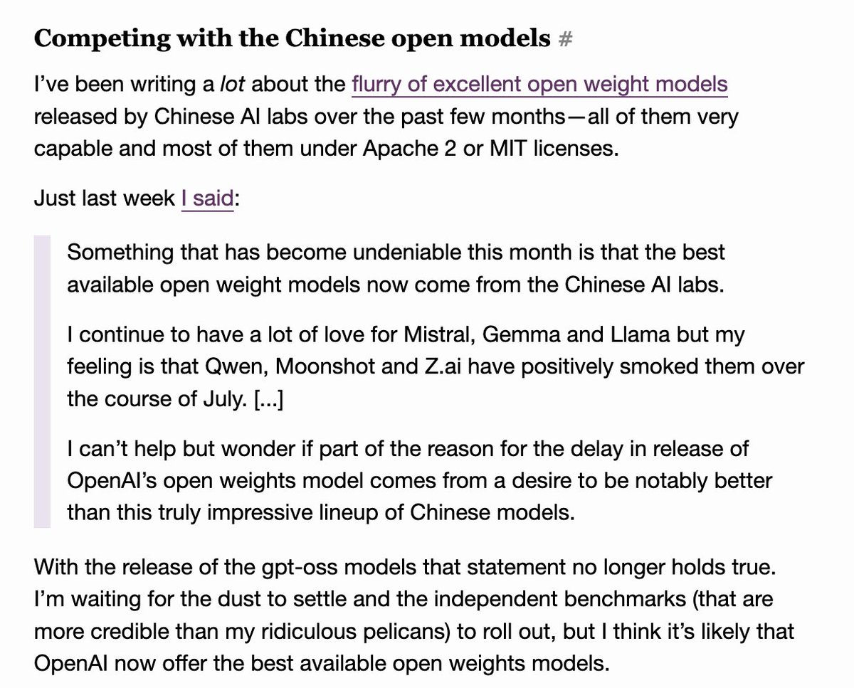 simonw's tweet image. Here&apos;s the concluding section of my write-up of the new OpenAI open weights models - they&apos;re really impressive, and I think they hold their own (or even beat) the models we&apos;ve seen come out of the various Chinese AI labs over the past few months