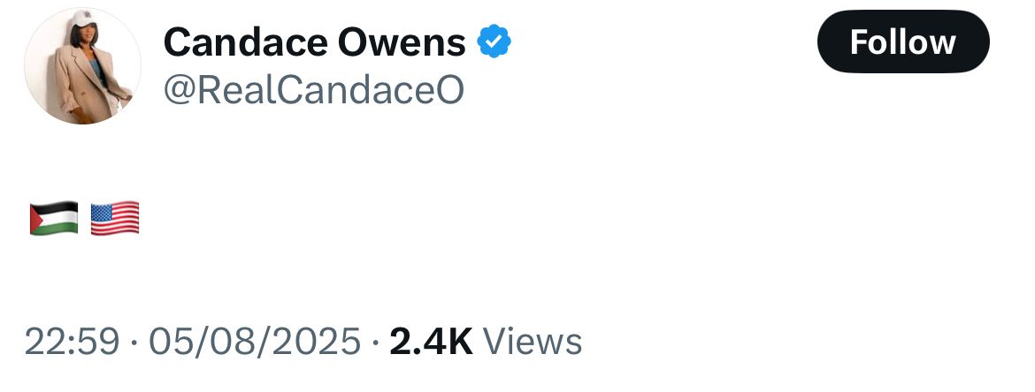 Yes, Candace Owens just posted this. An American flag next to a flag that represents people who want Israelis and Americans both killed. The same people who love burning the American flag the most. She makes me sick.