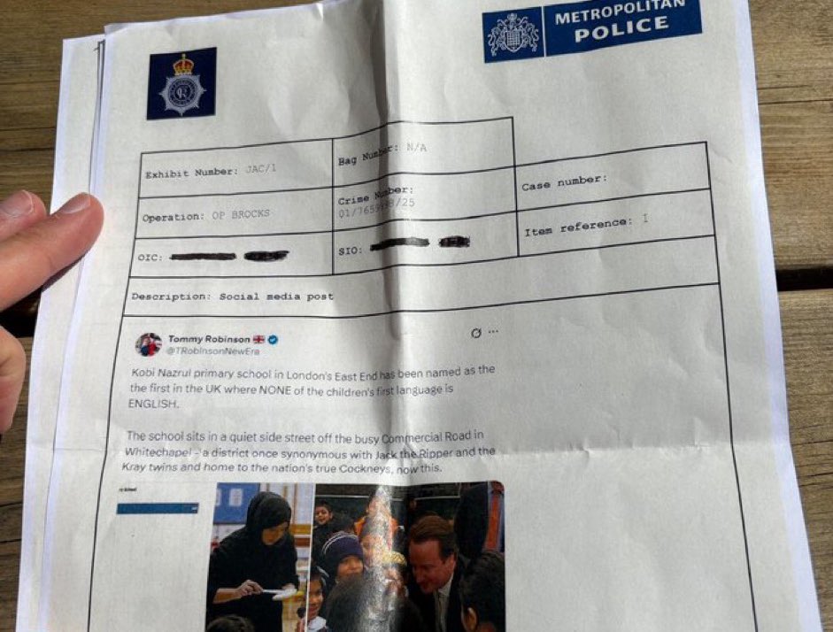 Tommy Robinson posted the fact that a school in the UK had no students which spoke English as a first language.

He's now under investigation by the British state for that post. 

Facts are now illegal in the UK.