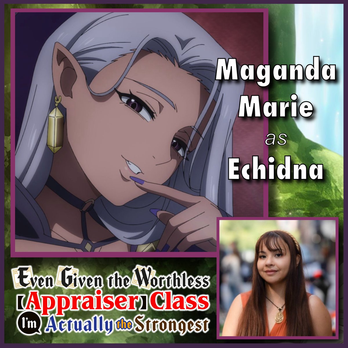 ✨ROLE ANNOUNCEMENT!✨
She's here~!!!
I am so happy to say I voice Echidna in 'Even Given the Worthless Appraiser Class I'm Actually the Strongest!'

Sometimes, a girl's just gotta be bad~ 💜
Thanks for trusting me with this baddie!
Hope y'all like the English dub!!!