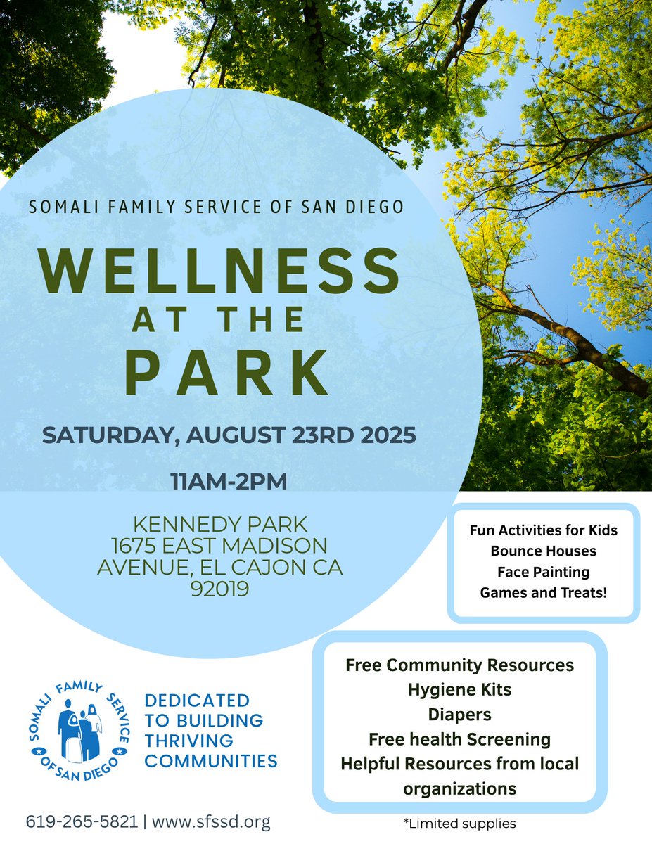 Somali Family Service of San Diego is hosting Wellness at the Park events two Saturdays: Aug. 16th in City Heights &amp; Aug. 23rd in El Cajon. We welcome community based organizations to join, table &amp; share valuable outreach. Interested in tabling, RSVP here: forms.office.com/r/Pt8Pp72U2m