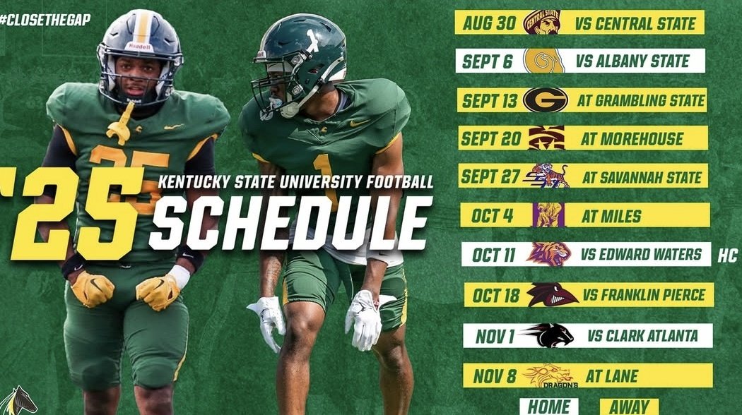Countdown to HBCU Football 
☆ Kentucky State University, SIAC predicted order of finish 10th 
☆ Felton Huggins Jr., Head Coach 
☆ Opening game: Detroit Football Classic against Central State 
☆ August 30th 1pm at Ford Field, home of the Detroit Lions