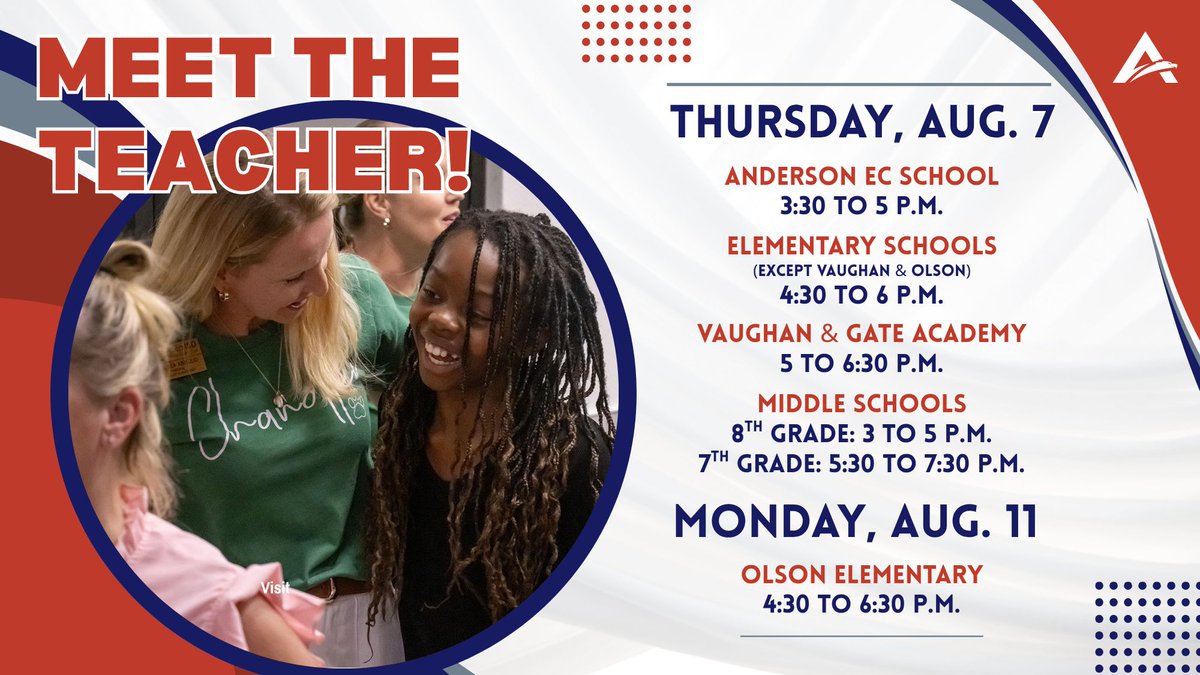 Get ready for a great school year at Allen ISD's Meet the Teacher Nights on Aug. 7 for Pre-K, Elementary, and Middle Schools (Olson Elementary will be Aug. 11). Check out your campus webpage or allenisd.org for more info.