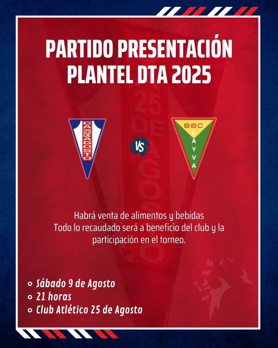¡Presentamos al plantel DTA 2025!
Este sábado viví una noche especial en casa

🏀 25 de Agosto 🆚 Layva
📅 9 de Agosto – 21 h
📍 Club 25 de Agosto

Habrá comida y bebida a beneficio del club y su participación en el torneo

¡Vamos Veinte!

#VillaDoloresRuge #TodoElAño25 #DTA2025