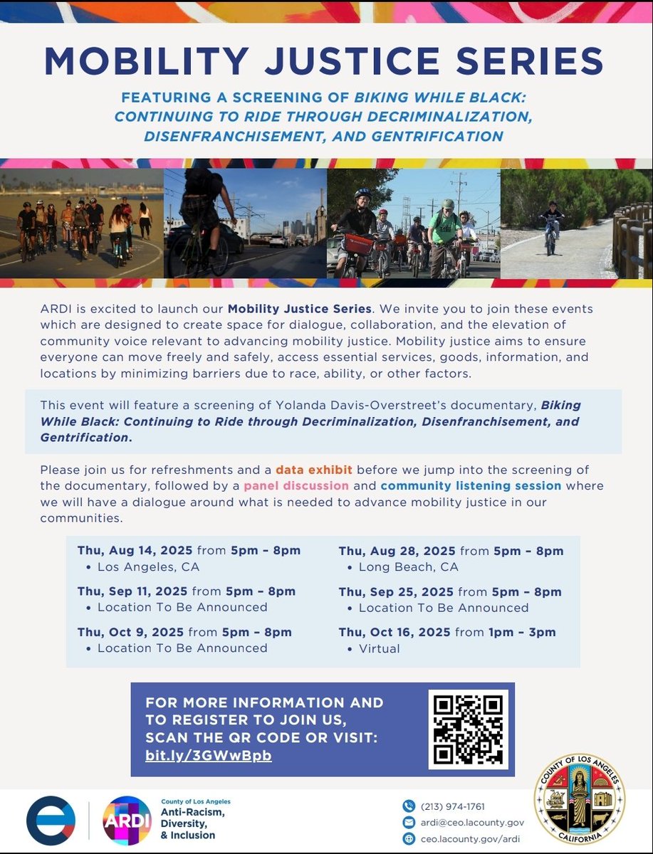 🚲 Join LA County’s Mobility Justice Series!
Watch Biking While Black, explore data, and join the convo on safer, more equitable streets.

🗓️ Aug 14, 28 | Sep 11, 25 | Oct 9 | Oct 16 (Virtual)
🎟️ Free | Register now — space is limited!
#MobilityJustice #BikeLA #ARDI