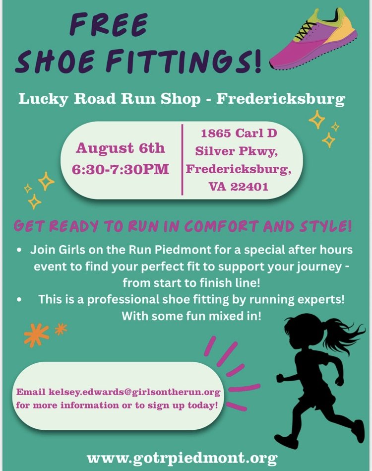 Get ready to run in comfort and style at the Girls on the Run Piedmont Diamond Dash 5K! 

Sign up via the email provided for your free professional shoe fitting! 👟