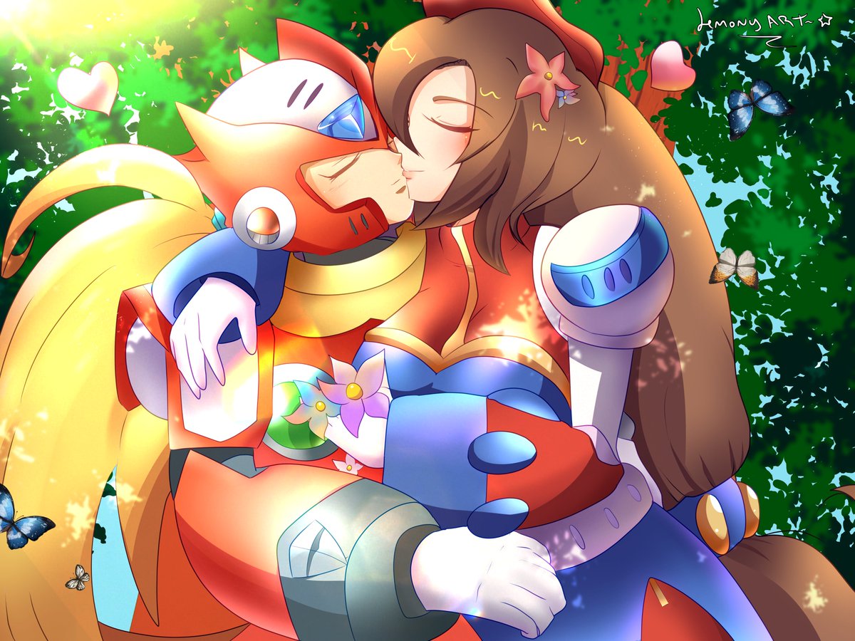 ArtLemony's tweet image. Zero &amp;amp; Iris 💖🌸😊💙
I had this drawing in mind for the Rockman x4 anniversary, but due to the delay I finished it today.

#megamanx #ロックマンX4 #アイリス #rockmanx4 #couple  #digitalart #fanart #Megamanx4 #drawing #zero #shipart