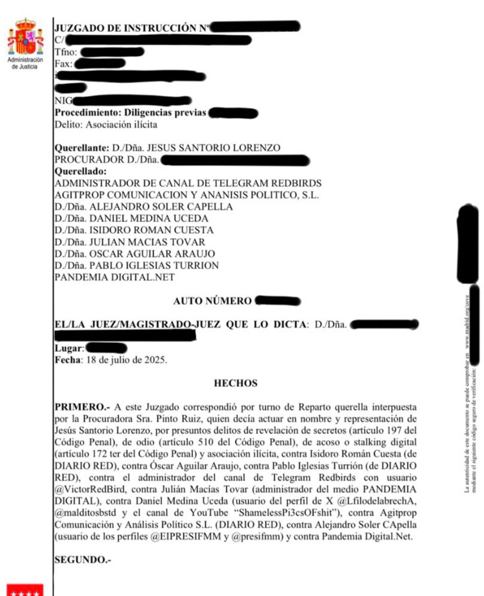 🔴 #ÚLTIMAHORA | Dos juzgados abren diligencias penales contra Pablo Iglesias y su jefe de redes, Julián Macías, por acosar, hostigar y señalar a usuarios disidentes en X.