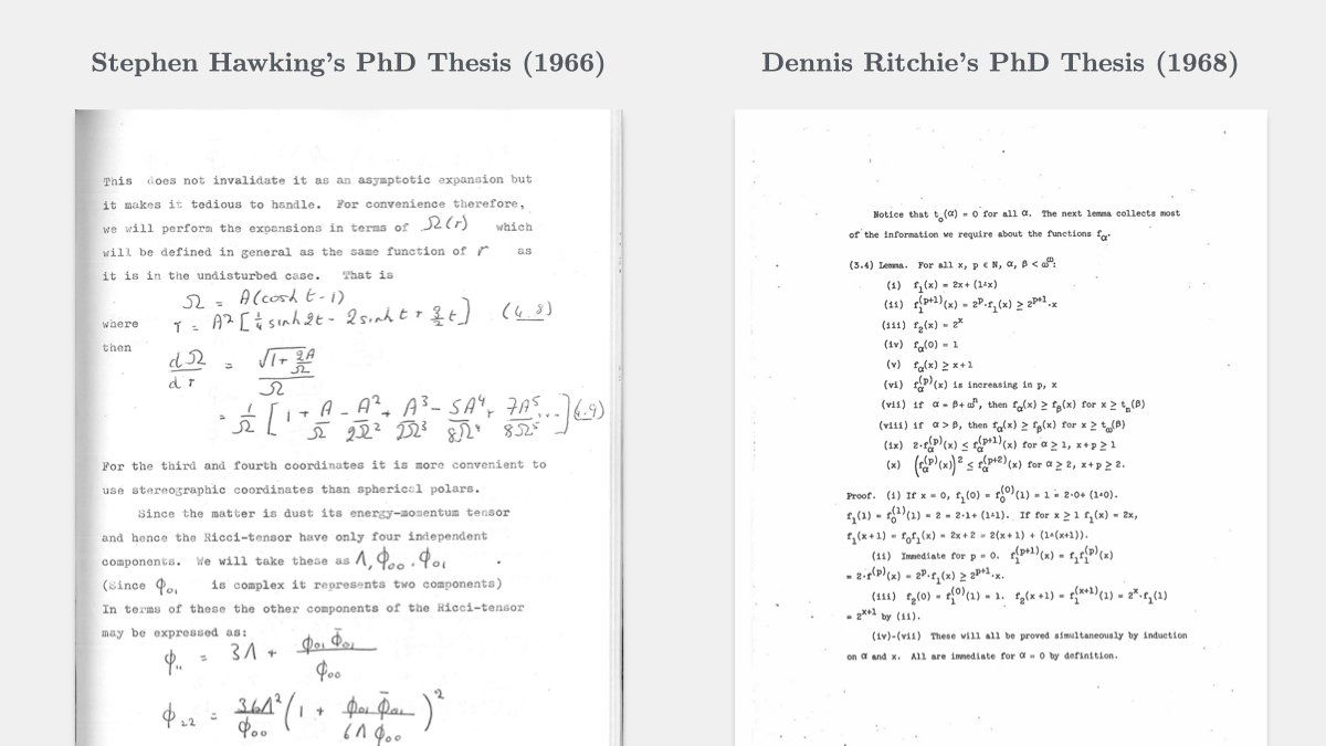 Long before LaTeX, most mathematical theses relied on hand-inserted symbols.
But in 1968, Dennis Ritchie - creator of C - typeset his entire thesis, subscripts and all, with astonishing accuracy.

How exactly he pulled it off remains a mystery.