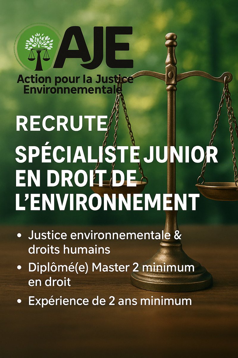 🔍 AJE recrute un(e) Spécialiste Junior en Droit de l’Environnement !
Vous êtes passionné(e) par la justice environnementale et les droits humains ? Rejoignez Action pour la Justice Environnementale (AJE) pour contribuer à un avenir plus vert et équitable 🌱⚖
📌 Missions