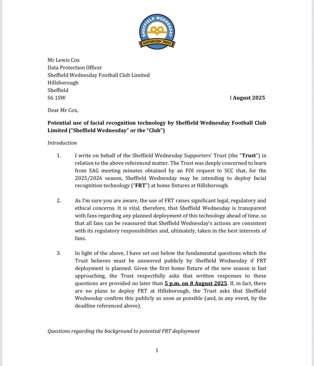 The Trust has written to the club's Data Protection Officer to demand responses, about serious concerns over the potential infringement of supporters' rights and freedoms after the introduction of facial recognition technology at Hillsborough.

The Trust is appalled that the club