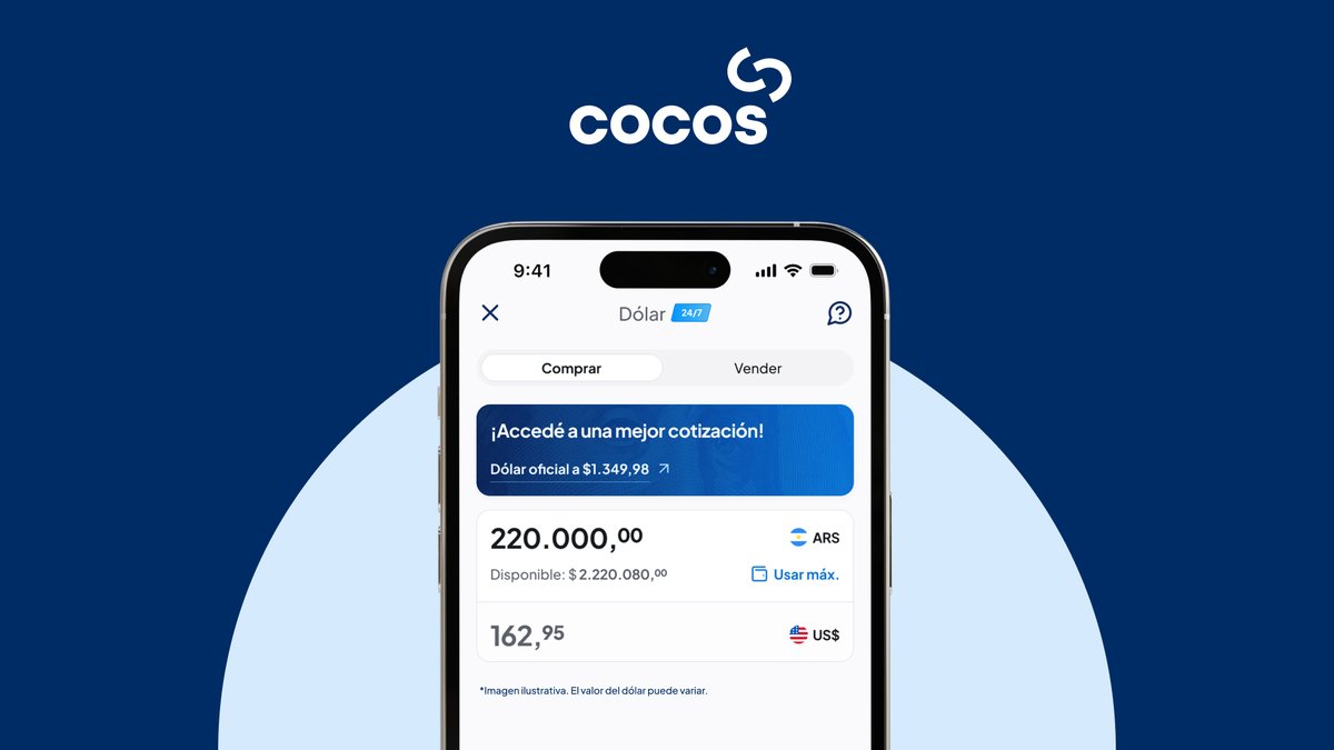 ¡Ahora también podés comprar dólar oficial en Cocos!

Incorporamos una nueva funcionalidad en la app que compara en tiempo real el dólar oficial y el MEP para mostrarte automáticamente la mejor cotización disponible.

¿Cómo activarlo?
Por única vez, seleccionás la opción para