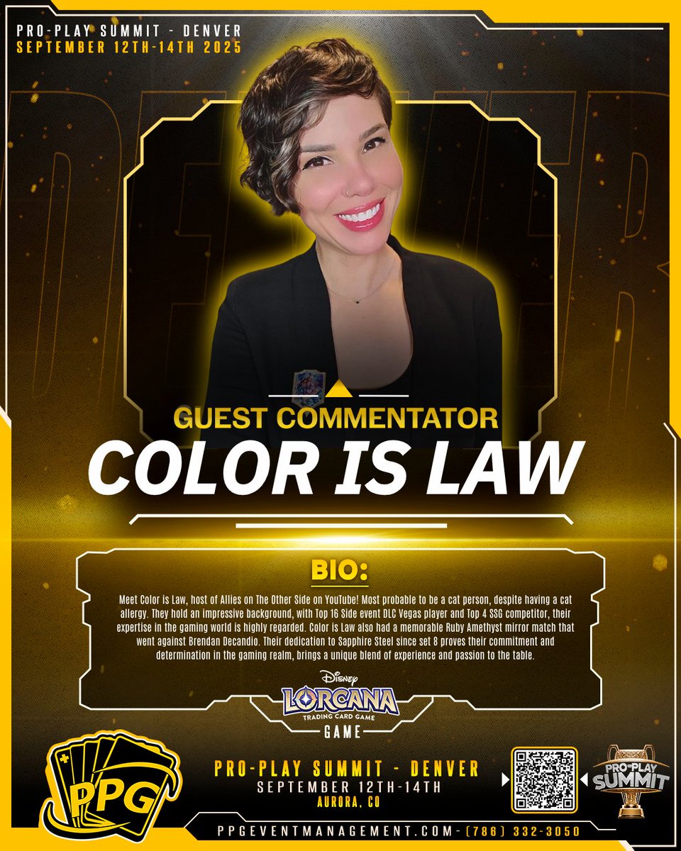Pro-Play Games + PPG Events (@_proplaygames) on Twitter photo 🎉 We’re excited to welcome <a href="/colorislaw1/">colorislaw</a> as <a href="/JdzQuest/">JDZ Quest</a> co-commentator for Pro-Play Summit: Denver!
Best known as the host of Allies on the Other Side on YouTube, Color is Law brings incredible energy and insight to the <a href="/DisneyLorcana/">Disney Lorcana</a> community and we’re thrilled to have her join 🎉 We’re excited to welcome <a href="/colorislaw1/">colorislaw</a> as <a href="/JdzQuest/">JDZ Quest</a> co-commentator for Pro-Play Summit: Denver!
Best known as the host of Allies on the Other Side on YouTube, Color is Law brings incredible energy and insight to the <a href="/DisneyLorcana/">Disney Lorcana</a> community and we’re thrilled to have her join