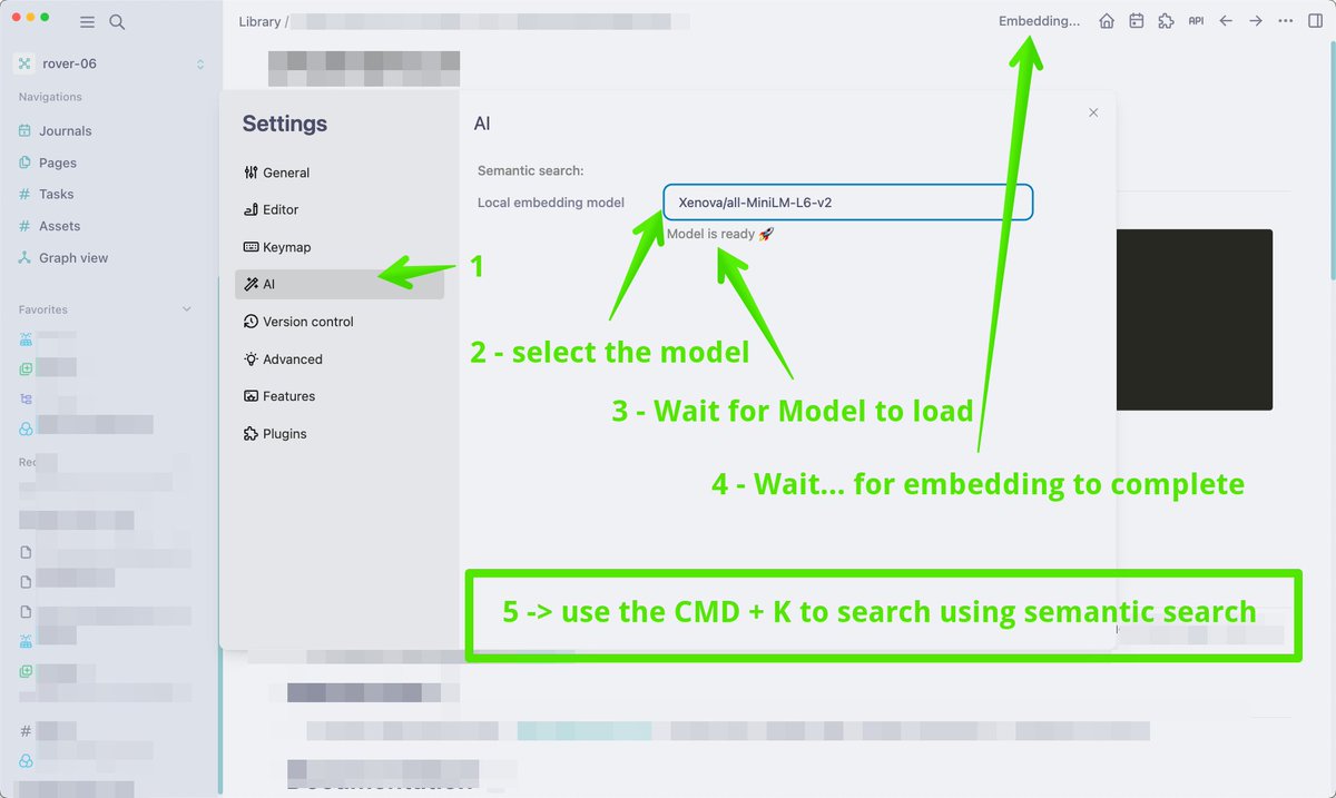 HDanzu's tweet photo. How to enable semantic search in @Logseq DB for better search
#pkm #ai #logseq #LLM https://t.co/eAs22xtHVz