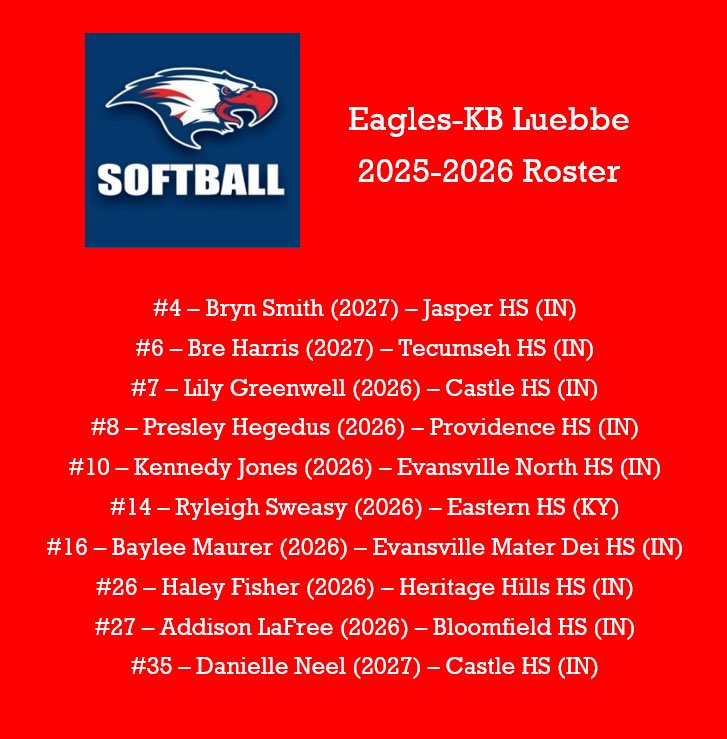 Eagles-KB Luebbe (@eagleskb_luebbe) on Twitter photo Really excited to announce our 2025-2026 roster! TONS of talent with some great 🥎 ahead!
<a href="/BrynSmith_4/">Bryn Smith</a>
<a href="/Breharris06/">Breann Harris</a>
<a href="/Lgreenwell2026/">Lily Greenwell</a>
<a href="/PresleyHegedus/">Presley Hegedus</a>
<a href="/kennedy10jones/">Kennedy Jones</a>
<a href="/swe2606/">Ryleigh Sweasy</a>
<a href="/bmaurer_26/">Baylee Maurer</a>
<a href="/HaleyFisher2026/">Haley Fisher</a>
<a href="/AddisonLafree/">Addison LaFree</a>
<a href="/neel_danielle/">Danielle Neel 2027</a> Really excited to announce our 2025-2026 roster! TONS of talent with some great 🥎 ahead!
<a href="/BrynSmith_4/">Bryn Smith</a>
<a href="/Breharris06/">Breann Harris</a>
<a href="/Lgreenwell2026/">Lily Greenwell</a>
<a href="/PresleyHegedus/">Presley Hegedus</a>
<a href="/kennedy10jones/">Kennedy Jones</a>
<a href="/swe2606/">Ryleigh Sweasy</a>
<a href="/bmaurer_26/">Baylee Maurer</a>
<a href="/HaleyFisher2026/">Haley Fisher</a>
<a href="/AddisonLafree/">Addison LaFree</a>
<a href="/neel_danielle/">Danielle Neel 2027</a>