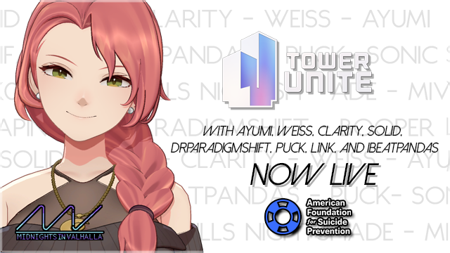 The chaos is here, raising more money for AFSP on Tower Unite! I am live right now with Ayumi, Clarity, IBeatPandas, Weiss, L1NK, Solid, Paradigm, and Puck! Who knows, we might have more joining!

I'm live on twitch: twitch.tv/midnightsinval…