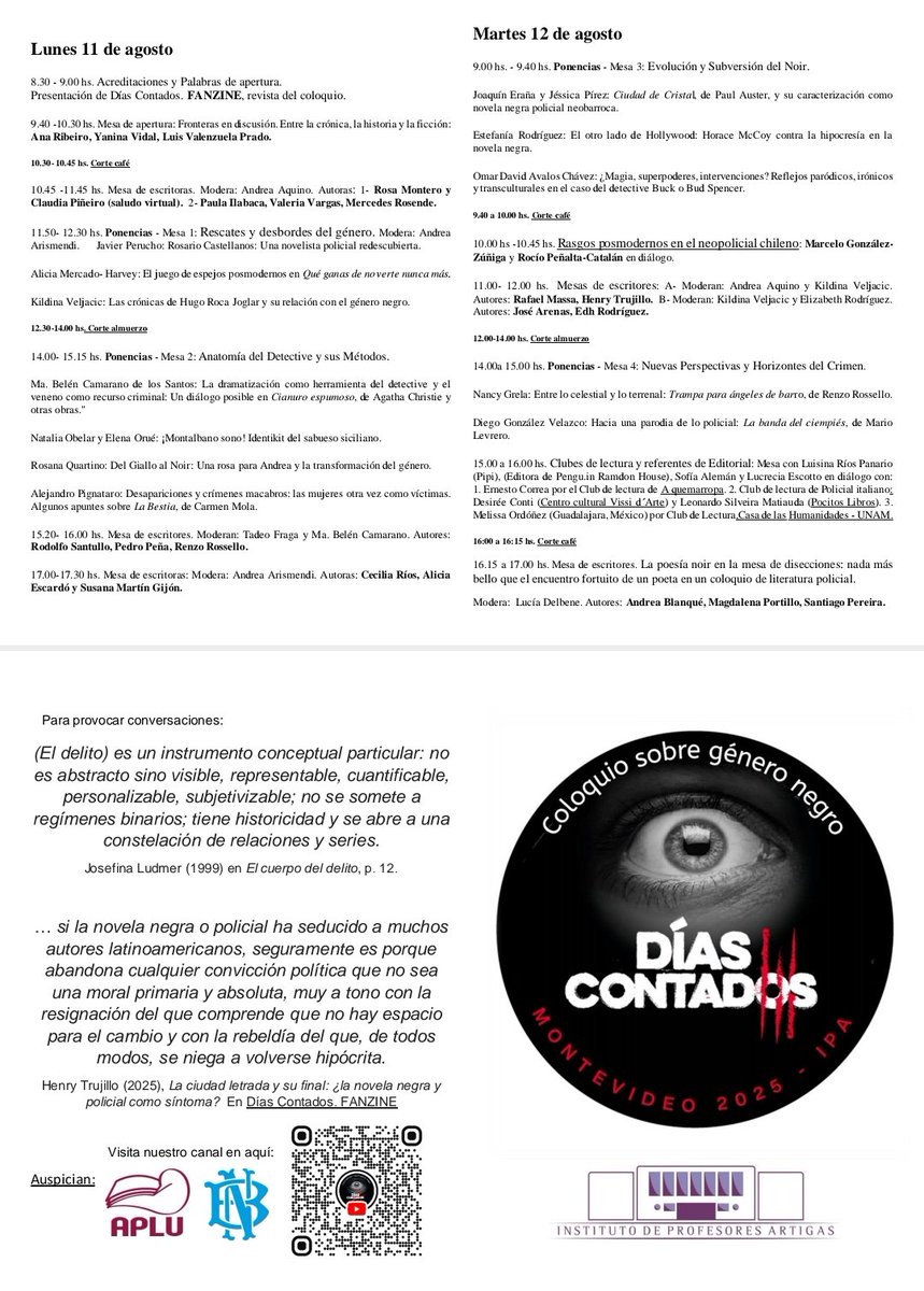 Leonardo Silveira (@leosmattiauda) on Twitter photo "3er Coloquio Internacional sobre Género Negro" lunes y martes que viene en <a href="/ipaenred/">Instituto de Profesores "Artigas"</a>
Les convido la invitación con la programación correspondiente.
¡Nos estamos leyendo! "3er Coloquio Internacional sobre Género Negro" lunes y martes que viene en <a href="/ipaenred/">Instituto de Profesores "Artigas"</a>
Les convido la invitación con la programación correspondiente.
¡Nos estamos leyendo!