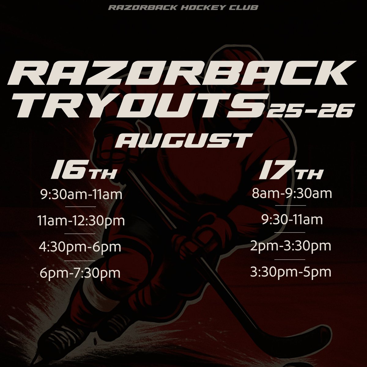 RazorbackMHClub's tweet image. Ready to join the Razorback Hockey family? 🐗🏒 

Lace up your skates and show us what you’ve got at our open tryouts on August 16th and 17th!

Sign-ups available on our website at arhockeyclub.com 🥅

#razorbackhockey #wps 🐗 #gohogs #woopigsooie