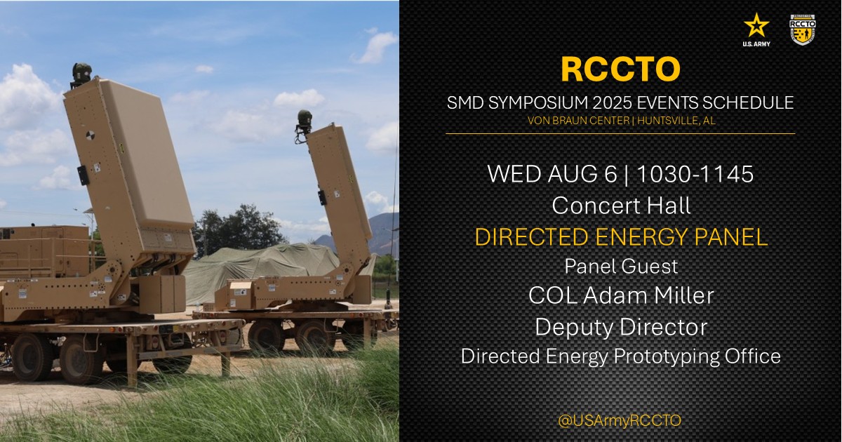 Don't miss the DEEP DIVE into #DirectedEnergyWeapons at #SMD2025! Join a powerhouse panel featuring #RCCTO’s COL Adam Miller, alongside experts from #USASMDC, #AMDCFT, &amp; more.  #ContinuousTransformation