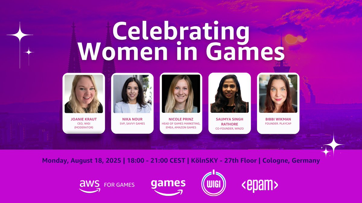 AWSGameTech's tweet image. 🎮 Join @AWSGameTech, @amazongames, @EPAMSystems, &amp;amp; @GETWIGI for an inspiring evening of celebration, networking, &amp;amp; industry insights, moderated by WIGI CEO @JoanieKraut.

📍 Register now: go.aws/4onNM3u

#AWSforGames #gamescom2025 #ddc2025 @devcom_global